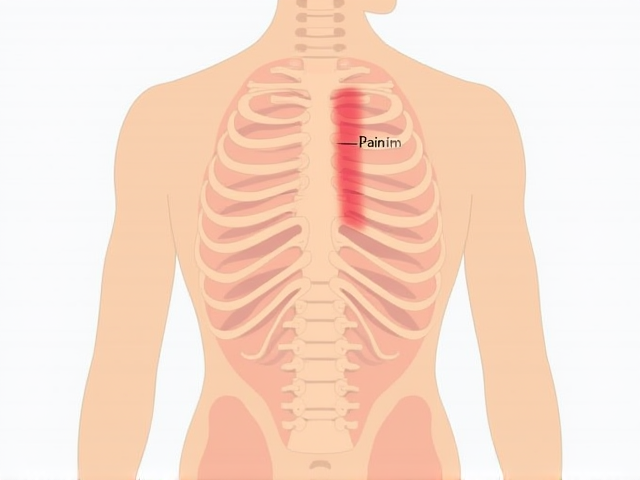 Anatomical diagram illustrating the left back and rib areas with pain points indicated