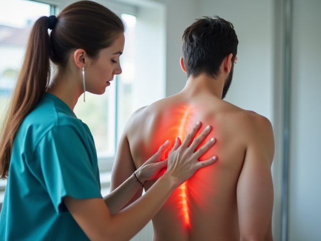 A healthcare professional examining a patient with back and rib pain