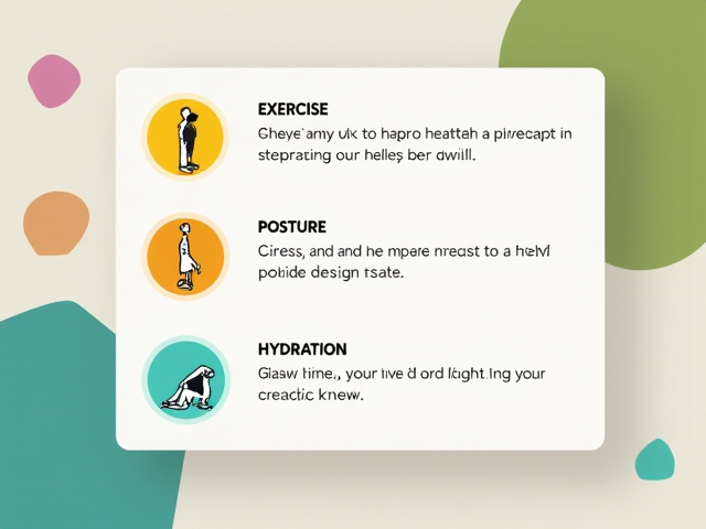 A healthy lifestyle flashcard showing exercise, posture, and hydration tips
